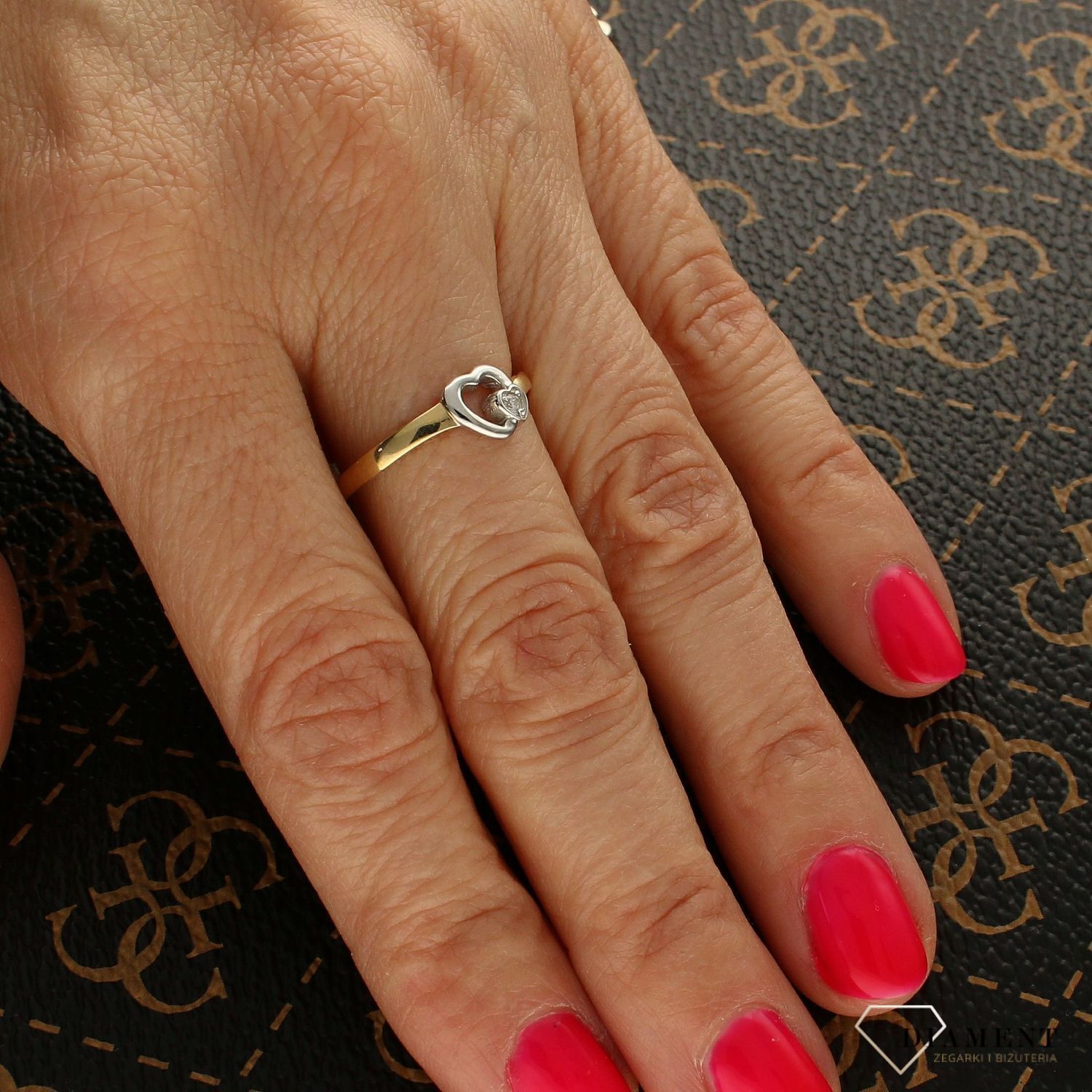 Pierścionek złoty DIAMENT żółte i białe złoto, diament, dwa serca W-188.jpg