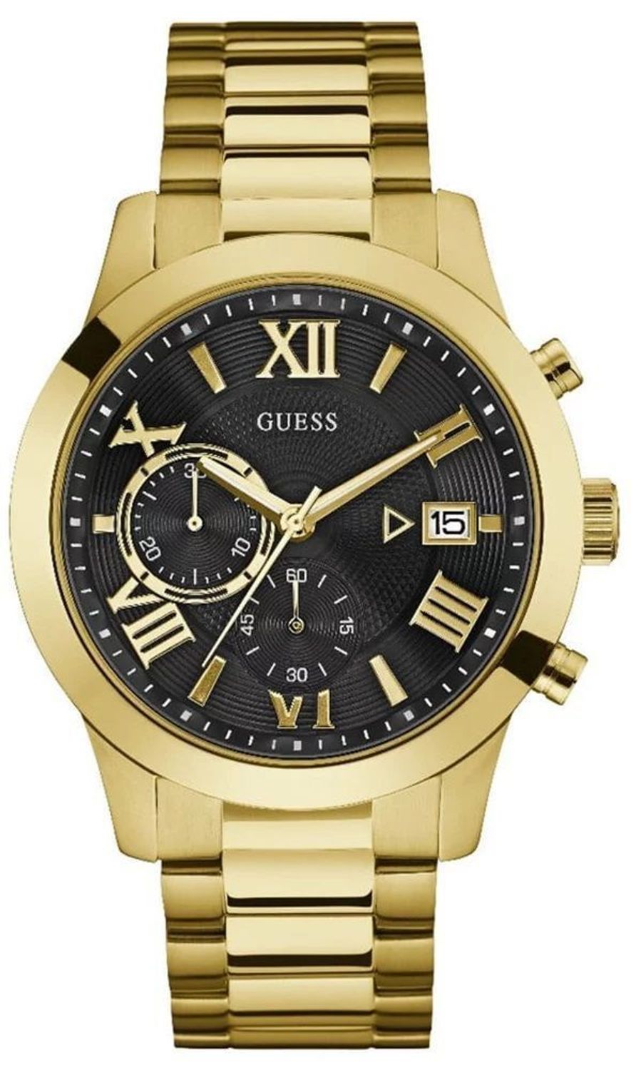 Zegarek męski Guess na złotej bransolecie Atlas Chronograph W0668G8 to idealna propozycja dla mężczyzn ceniących wyraziste i eleganckie dodatki. Okrągła koperta oraz bransoleta powstały z odpornej na działanie rdzy stali szlachetnej w kolorze z.jpg