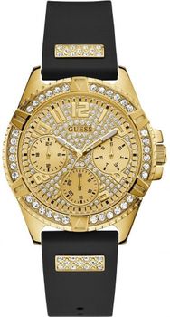 Zegarek damski GUESS Lady Frontier W1160L1 ⇒ Kupuj w autoryzowanym sklepie. Damski zegarek Guess Lady Frontier W1160L1 to nowoczesny model z paskiem w czarnym kolorze i złotą tarczą, w sportowo-eleganckim stylu.jpg