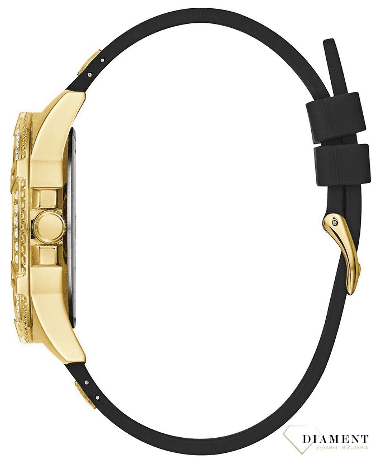 Zegarek damski GUESS Lady Frontier W1160L1 ⇒ Kupuj w autoryzowanym sklepie. Damski zegarek Guess Lady Frontier W1160L1 to nowoczesny model z paskiem w czarnym kolorze i złotą tarczą, w sportowo-eleganckim stylu.jpg