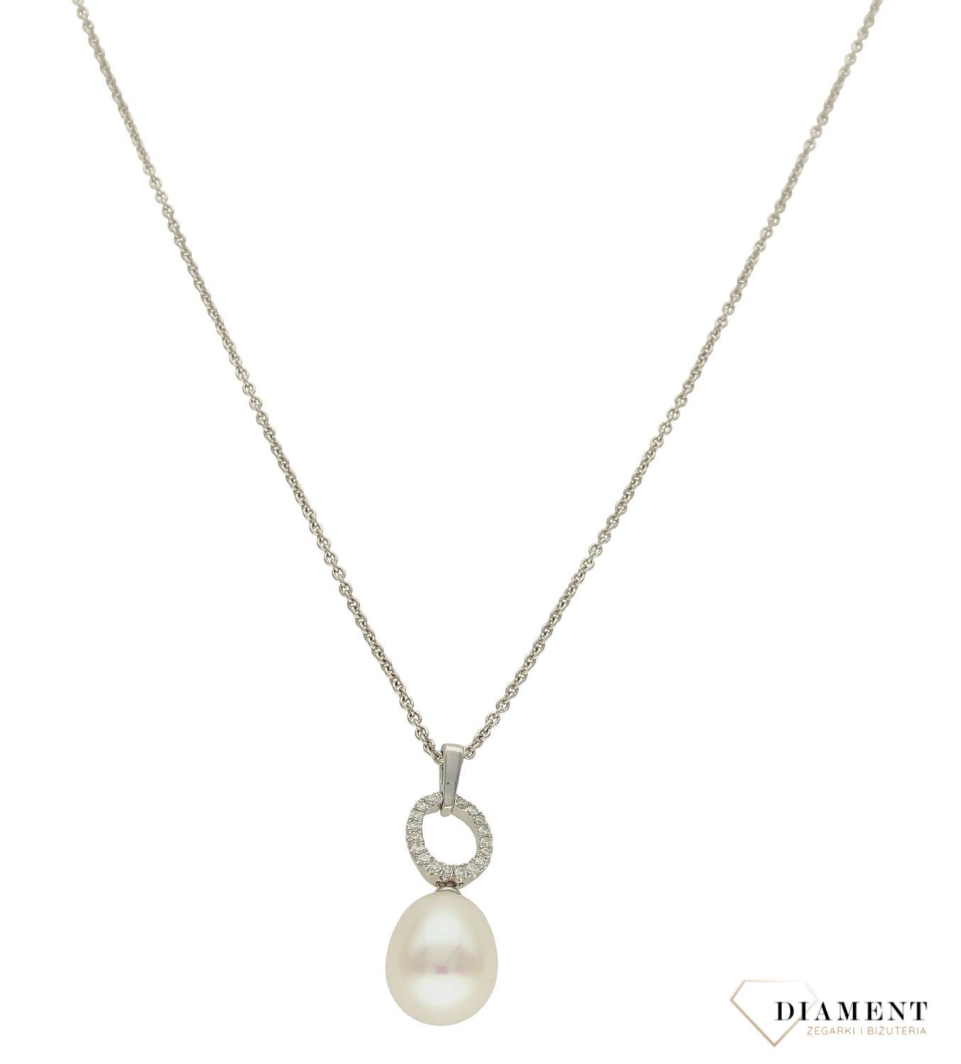 Złoty naszyjnik z białego złota zawieszka z perełką i Diamentami WŁ-35-07-002.jpg