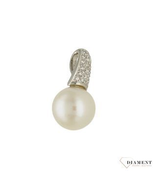 Złota zawieszka 585 Naturalna biała perła z Diamentami WŁ-35-07-007.jpg