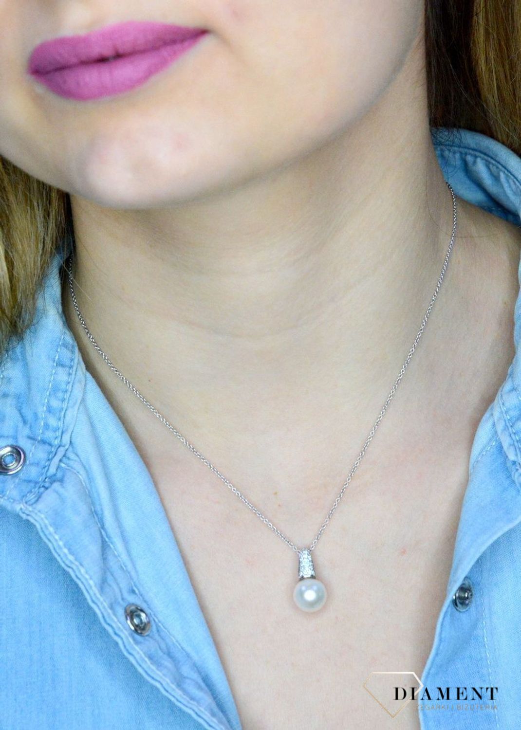 Złota zawieszka 585 Naturalna biała perła z Diamentami WŁ-35-07-007.jpg