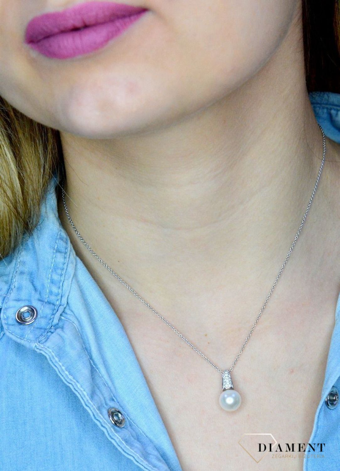 Złota zawieszka 585 Naturalna biała perła z Diamentami WŁ-35-07-007.jpg