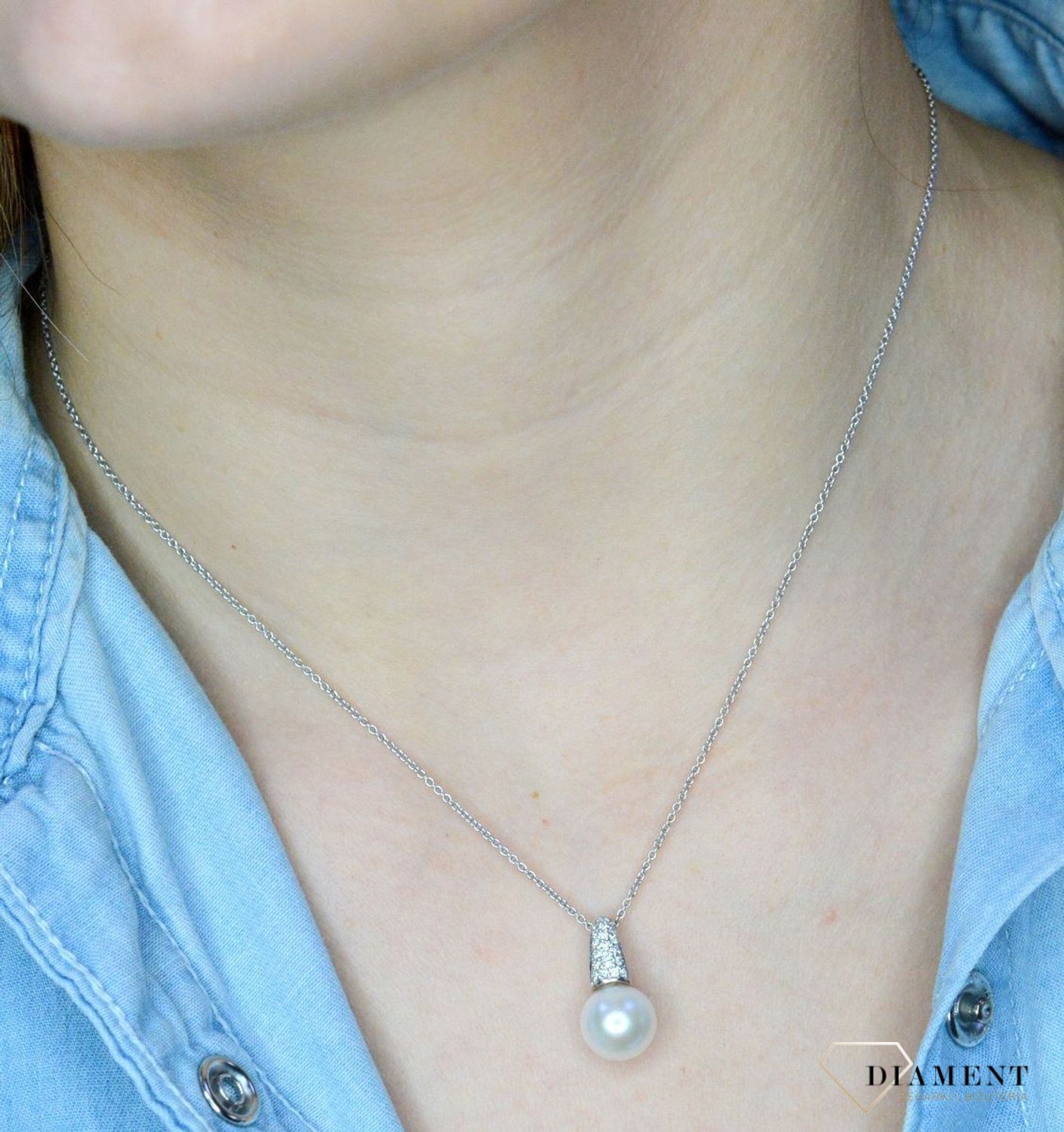 Złota zawieszka 585 Naturalna biała perła z Diamentami WŁ-35-07-007.jpg