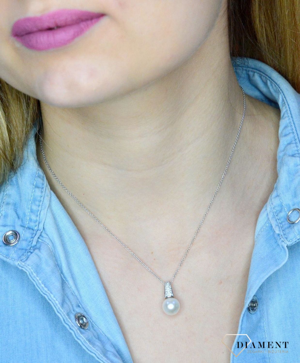 Złota zawieszka 585 Naturalna biała perła z Diamentami WŁ-35-07-007.jpg