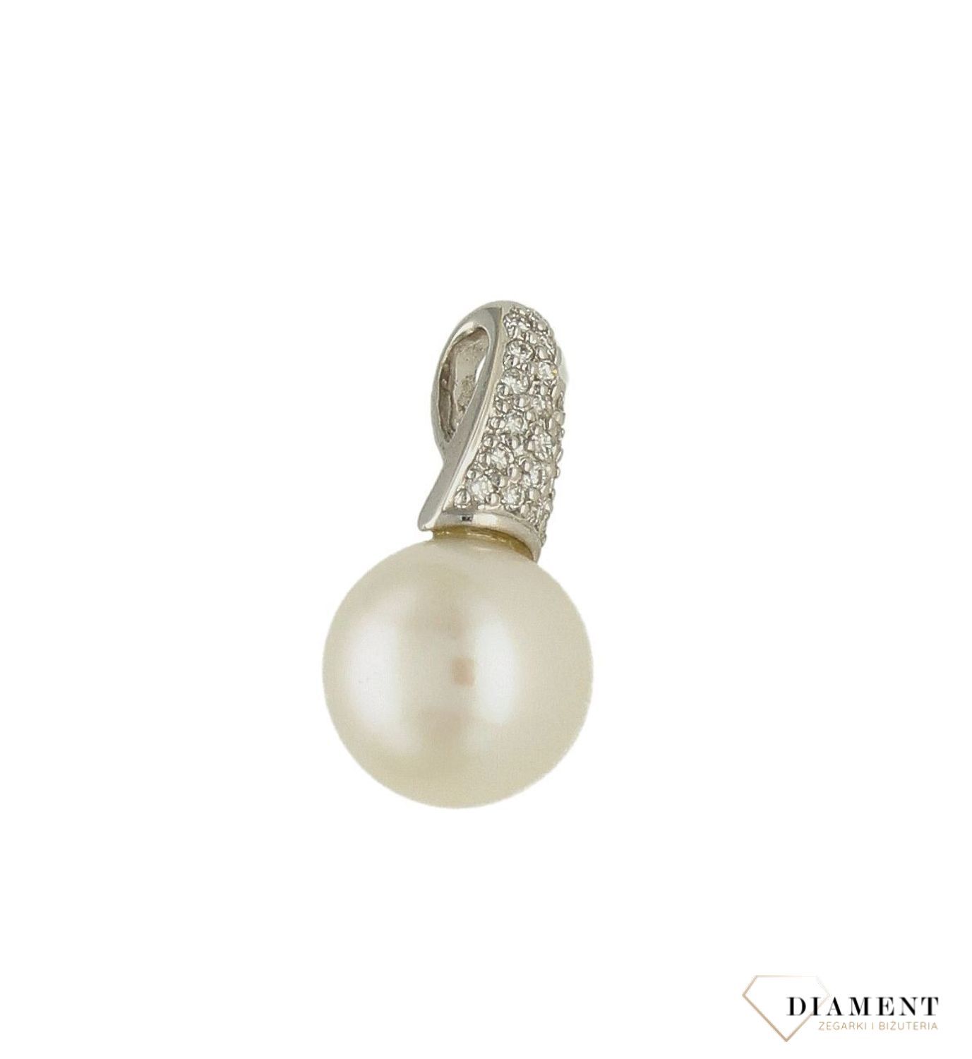 Złota zawieszka 585 Naturalna biała perła z Diamentami WŁ-35-07-007.jpg
