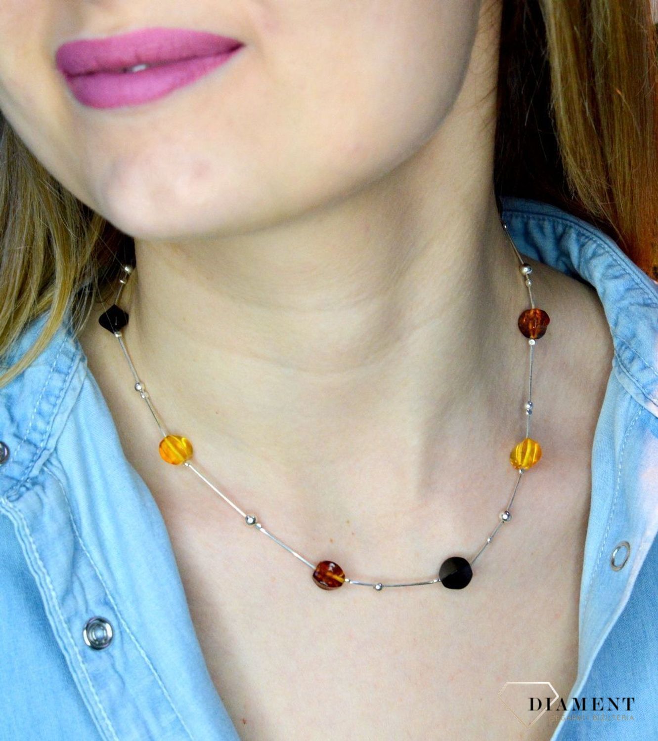 Srebrny naszyjnik damski z bursztynami w trzech kolorach WŁ-BUR06-226.jpg