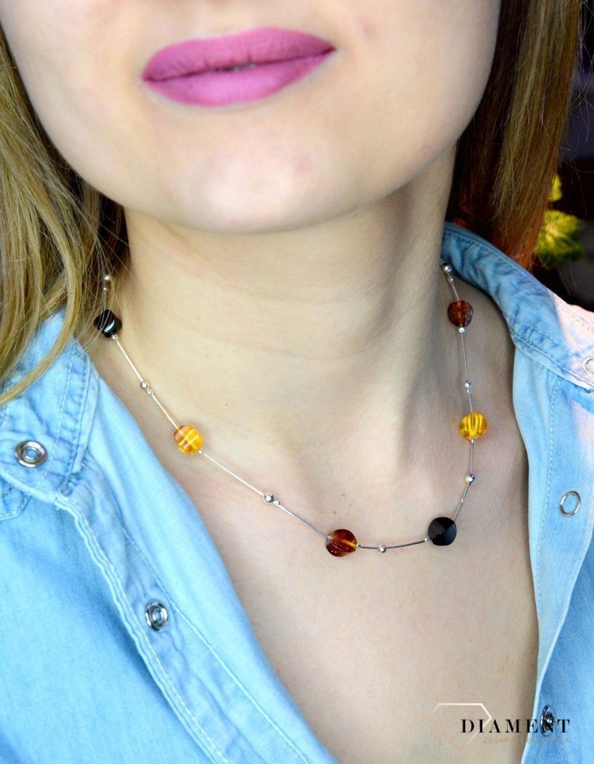 Srebrny naszyjnik damski z bursztynami w trzech kolorach WŁ-BUR06-226.jpg