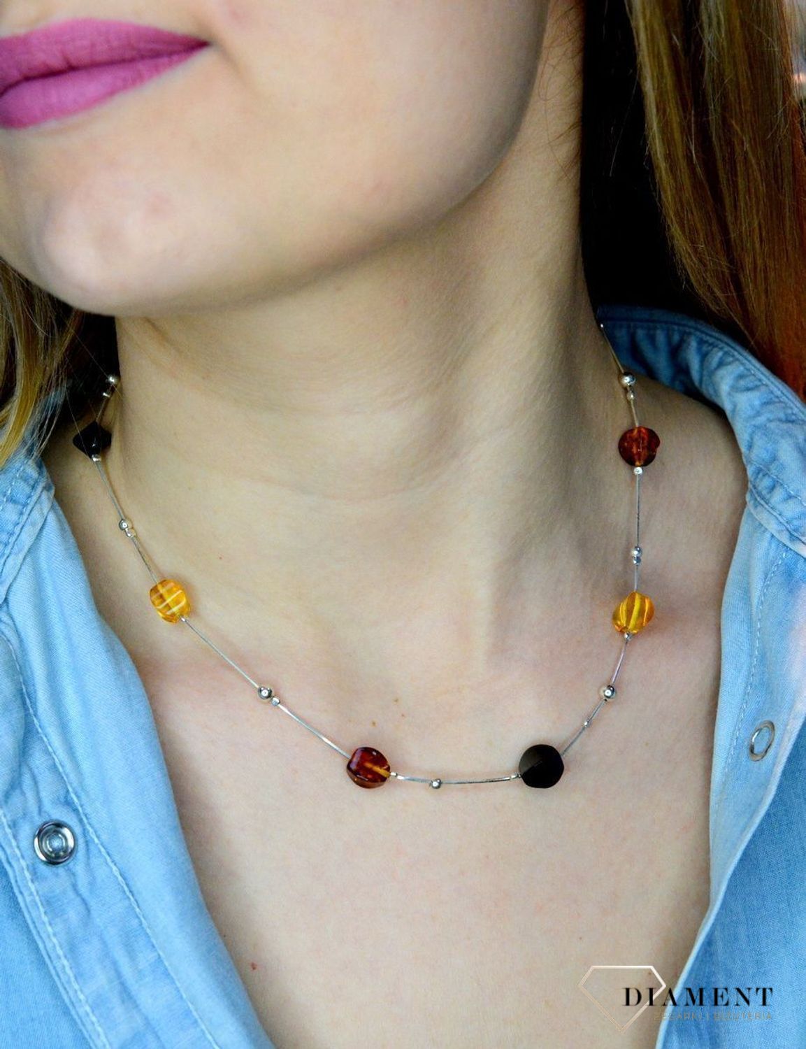 Srebrny naszyjnik damski z bursztynami w trzech kolorach WŁ-BUR06-226.jpg