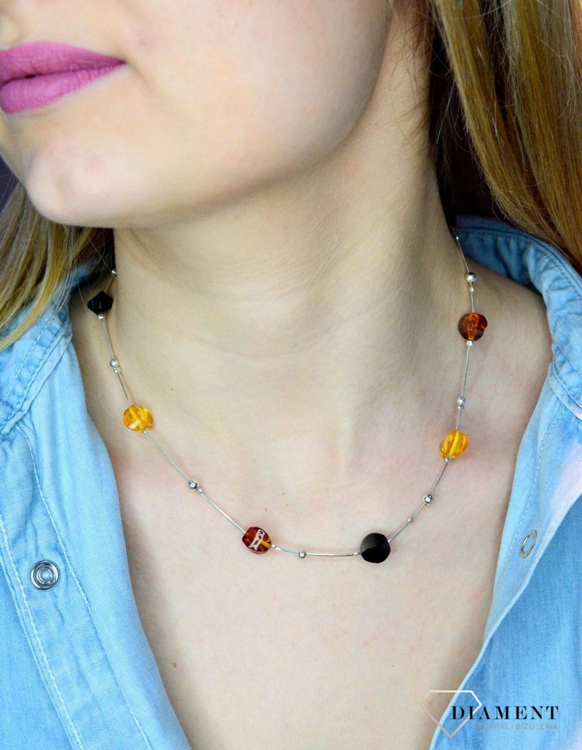 Srebrny naszyjnik damski z bursztynami w trzech kolorach WŁ-BUR06-226.jpg