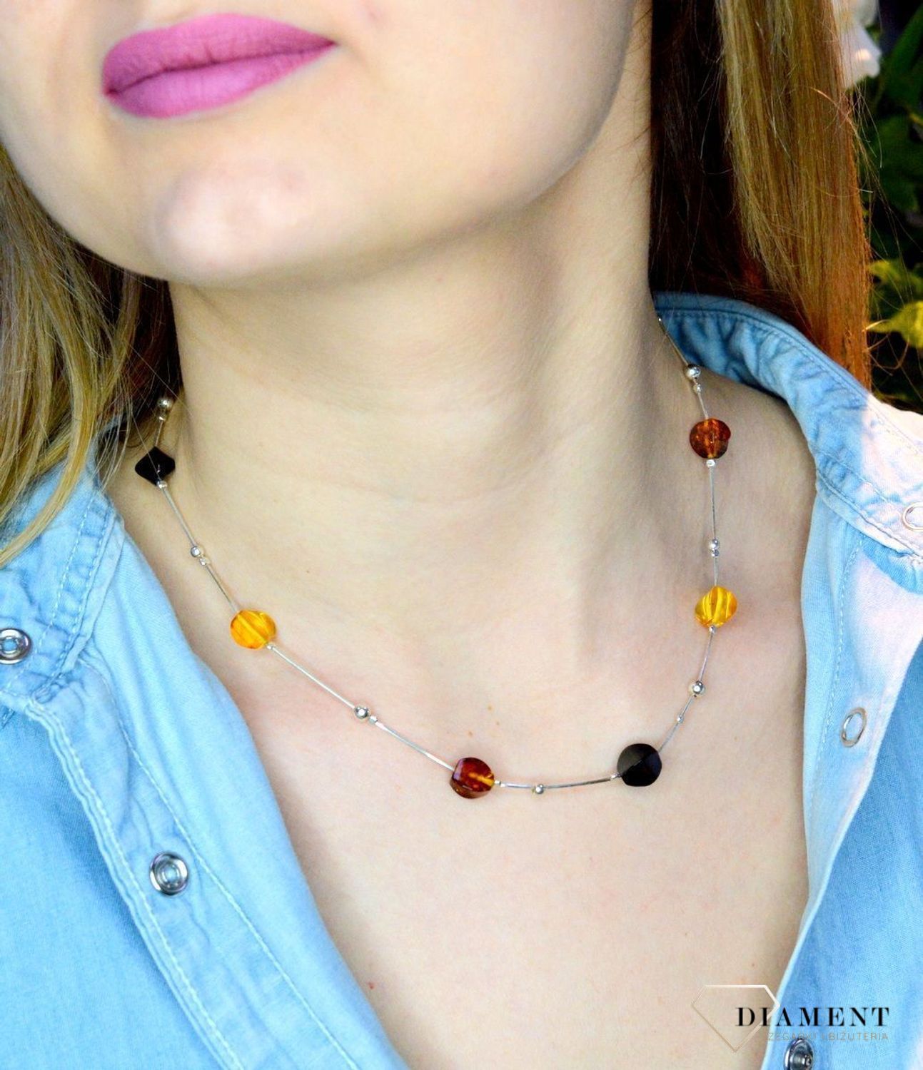 Srebrny naszyjnik damski z bursztynami w trzech kolorach WŁ-BUR06-226.jpg