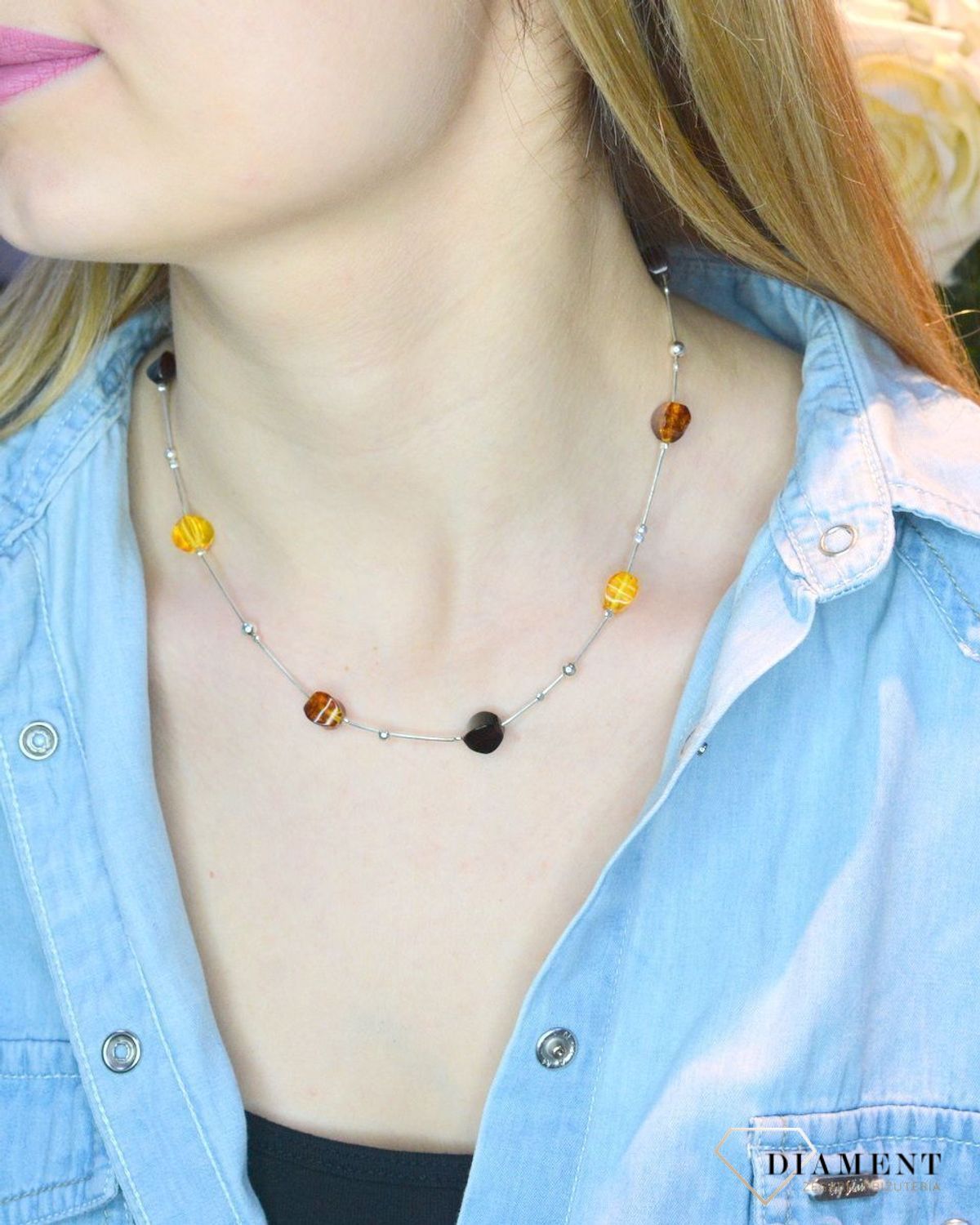 Srebrny naszyjnik damski z bursztynami w trzech kolorach WŁ-BUR06-226.jpg