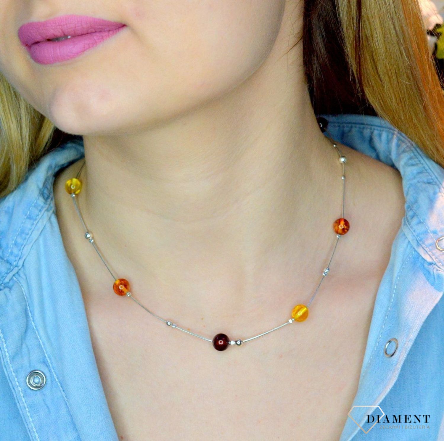 Srebrny naszyjnik damski z bursztynami w trzech kolorach 'Bursztynowe kuleczki' WŁ-BUR06-231.jpg