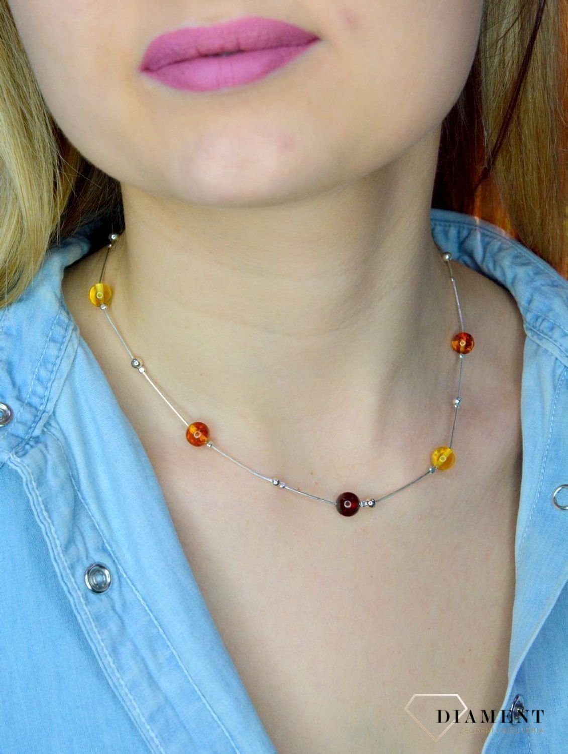 Srebrny naszyjnik damski z bursztynami w trzech kolorach 'Bursztynowe kuleczki' WŁ-BUR06-231.jpg