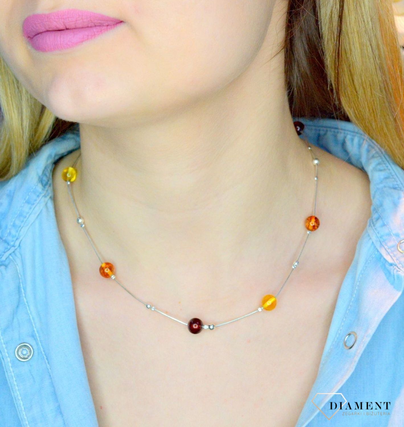Srebrny naszyjnik damski z bursztynami w trzech kolorach 'Bursztynowe kuleczki' WŁ-BUR06-231.jpg