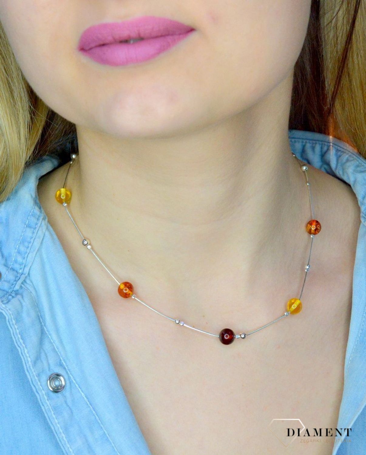 Srebrny naszyjnik damski z bursztynami w trzech kolorach 'Bursztynowe kuleczki' WŁ-BUR06-231.jpg