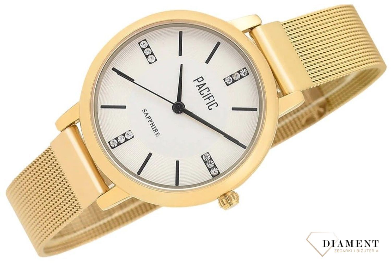 Damski zegarek Pacific Sapphire X6193-02 złoty mesh cyrkonie. Kup Damski Zegarek Kwarcowy w Zegarki-diament.pl Pacific wodoszczelność 30m = WR30 ☝ taniej - Najwięcej ofert w jednym miejscu. Grawer gratis. Szkło szafirowe..jpg