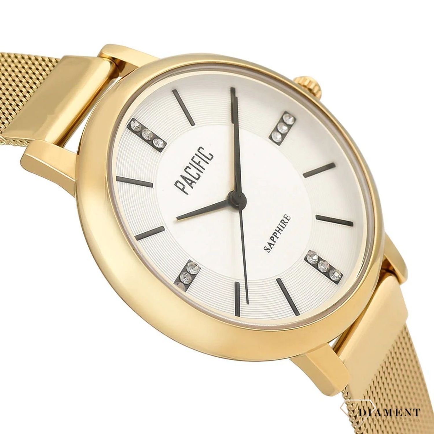 Damski zegarek Pacific Sapphire X6193-02 złoty mesh cyrkonie. Kup Damski Zegarek Kwarcowy w Zegarki-diament.pl Pacific wodoszczelność 30m = WR30 ☝ taniej - Najwięcej ofert w jednym miejscu. Grawer gratis. Szkło szafirowe..jpg
