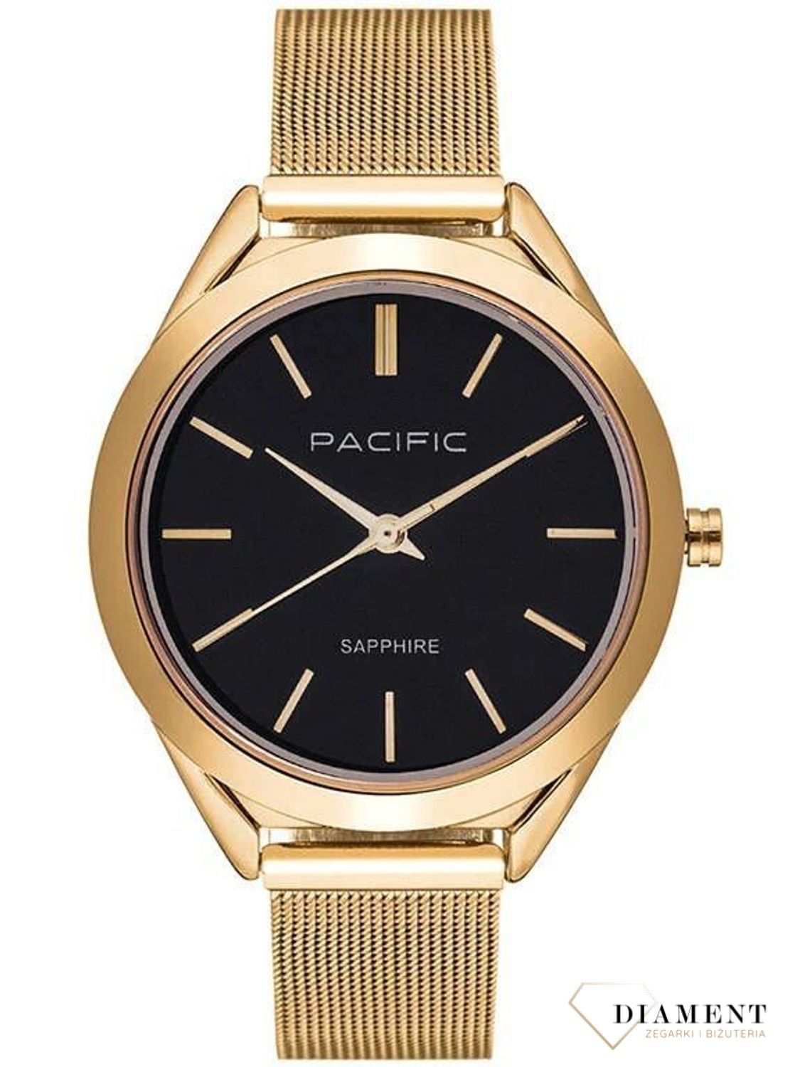 Damski zegarek Pacific Sapphire X6224-03 czarna tarcz złoty mesh.  Kup Damski Zegarek Kwarcowy w Zegarki-diament.pl Pacific wodoszczelność 30m = WR30 ☝ taniej - Najwięcej ofert w jednym miejscu. Grawer gratis. Szkło szafirowe..jpg