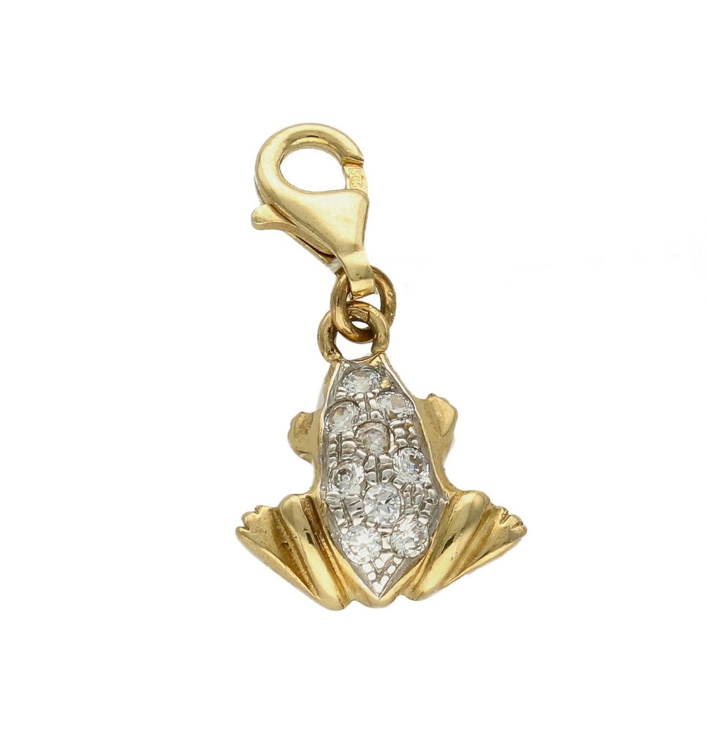 Złoty zawieszka 585 charms do bransoletki żaba z cyrkoniami Z08-D00-ZLB5422. Zawieszkę w kształcie żaby można doczepić do bransoletki za pomocą karabińczyka. Zawieszka to idealny pomysł na prezent dla każdej kobiety..jpg