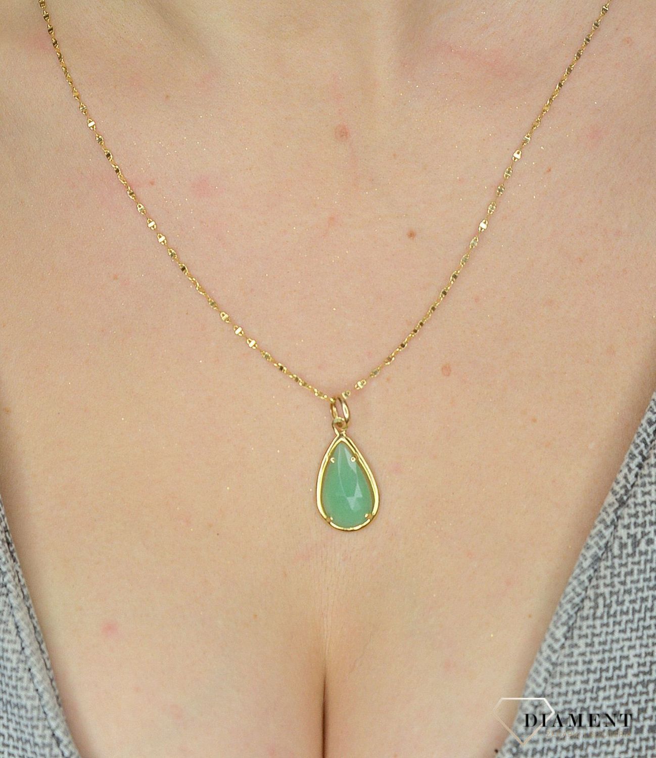 Złota zawieszka 585 kwarc zielony łezka ZA2174B.jpg