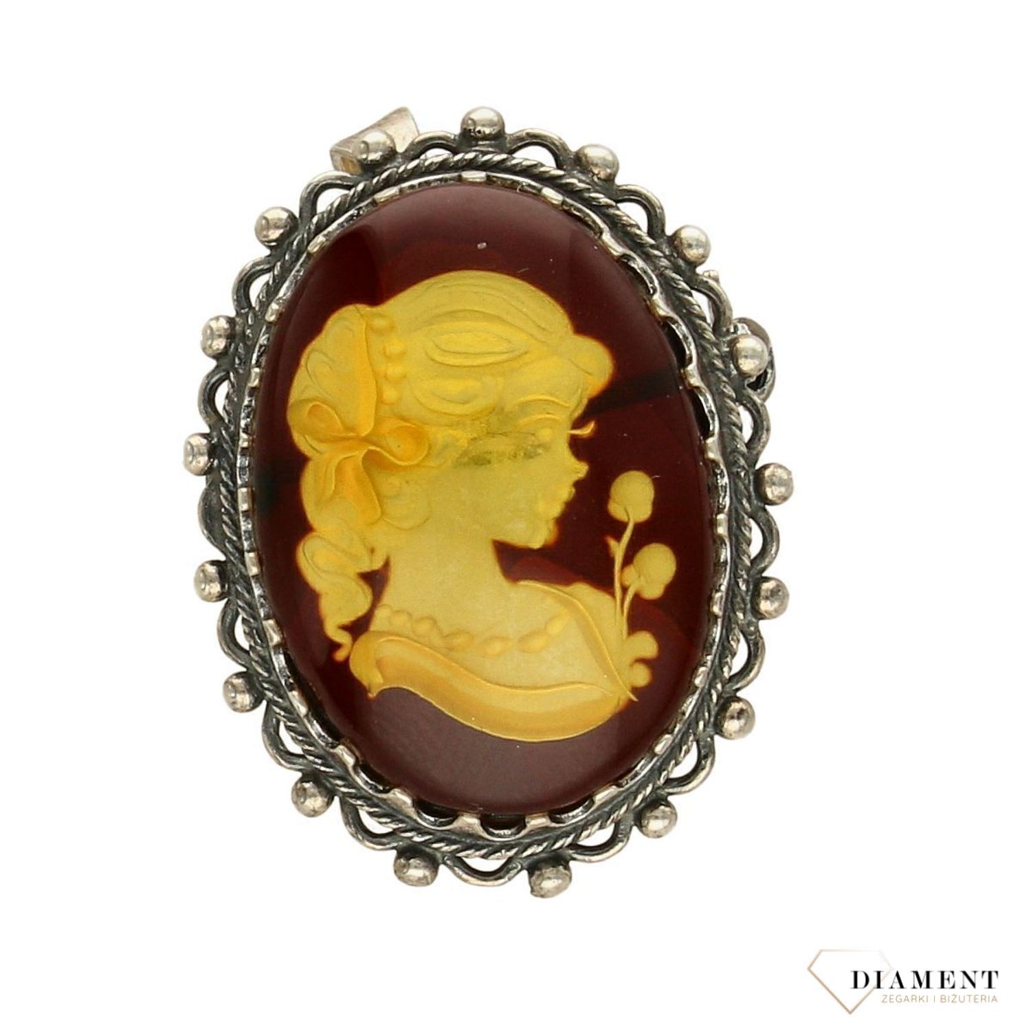 Zawieszka srebrna broszko wisior z bursztynem Kamea ZAW-000000-2440-bursztyn.jpg