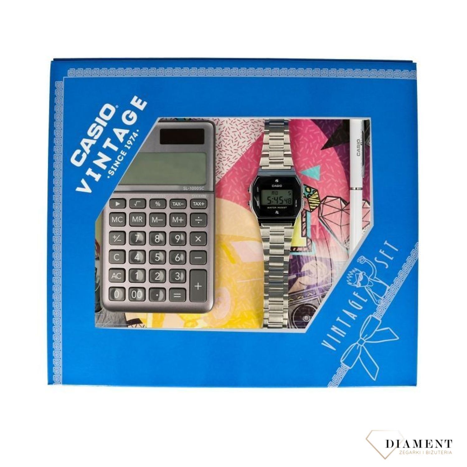 Zegarek Casio ZESTAW-19-CV-GIFT-SET-SILVER Vintage Diamond Limited z kalkulatorem i długopisem.jpg