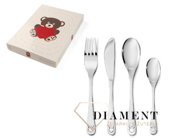 Uroczy zestaw sztućców dla dziecka w pięknym opakowaniu, które jest ochronną jak i pięknym elementem prezentu. Zestaw składa się z widelca, łyżki, łyżeczki oraz noża. 8.png