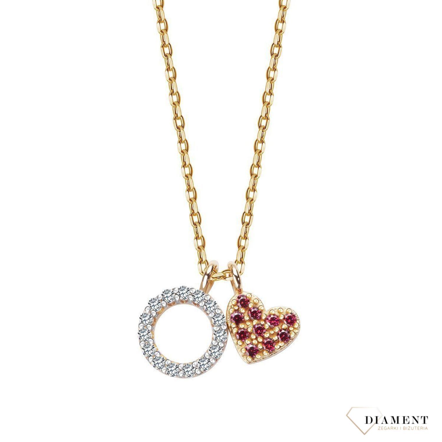 Delikatny naszyjnik celebrytka  próby 333 skomponowany ze złotego łańcuszka i dwóch zawieszek - serca z cyrkoniami w kolorze czerwonym oraz kółeczka z cyrkoniami w kolorze białym to wyjątkowa biżuteria inspirowana ws.jpg