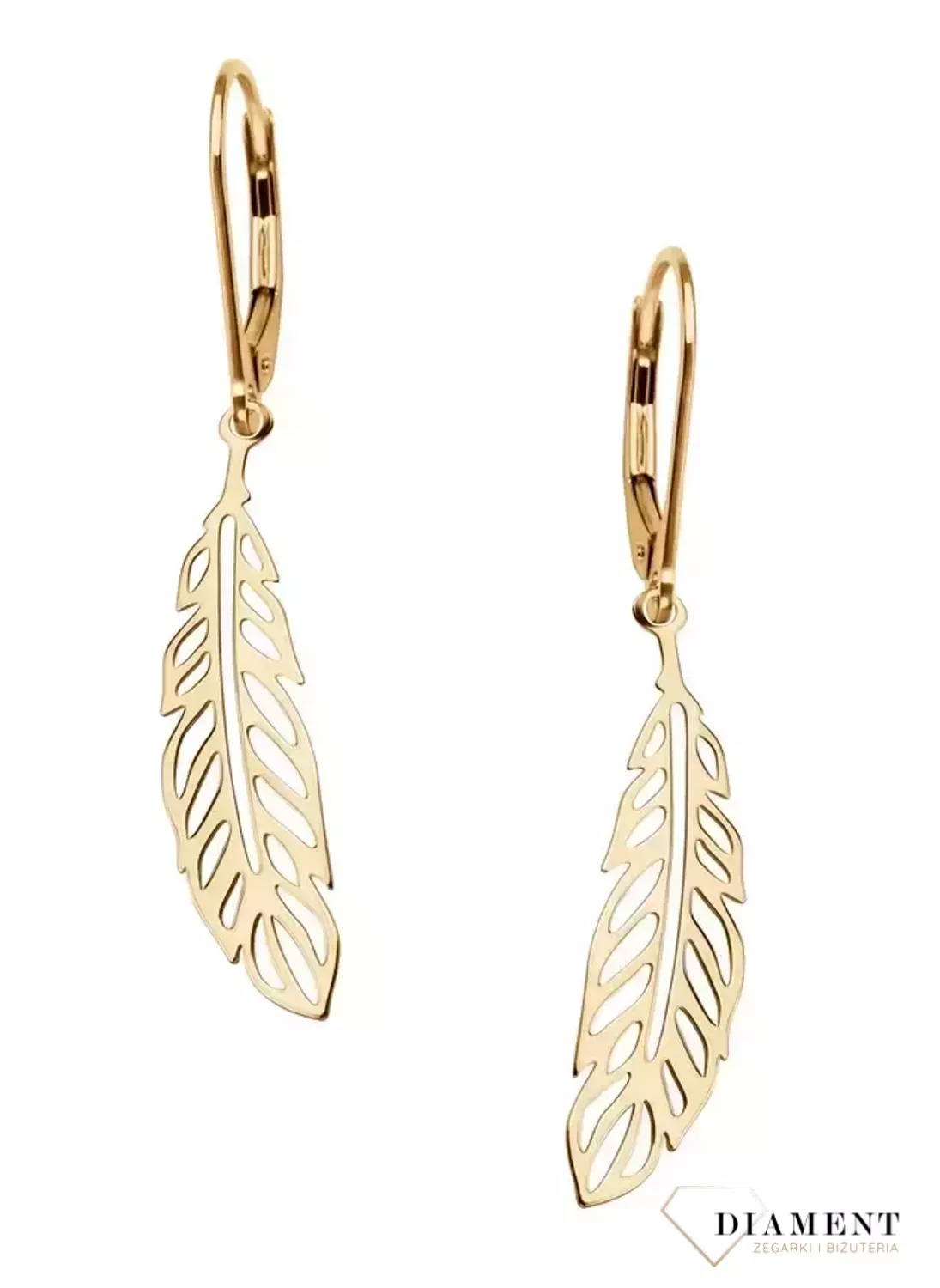 Kolczyki złote wiszące piórka. Kolczyki na biglu wykonane ze złota próby 0,333. Masa ok. 0,97 g.-001.webp