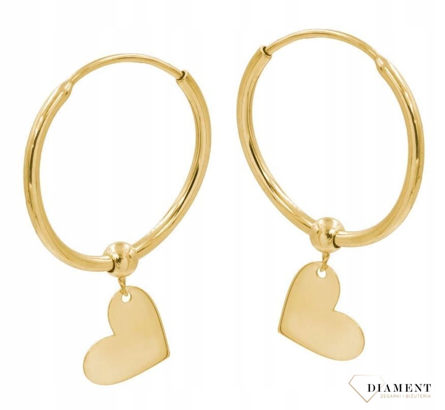 Kolczyki złote kółka z serduszkiem ZW-X-000-N00-HA18585. Eleganckie, złote kolczyki gładki owal wykonane z próby złota 333 o wadze około 1,20 g oraz długości około 3 cm. Kolczyki koła zostały ozdobione wiszącym serduszkiem.jpg