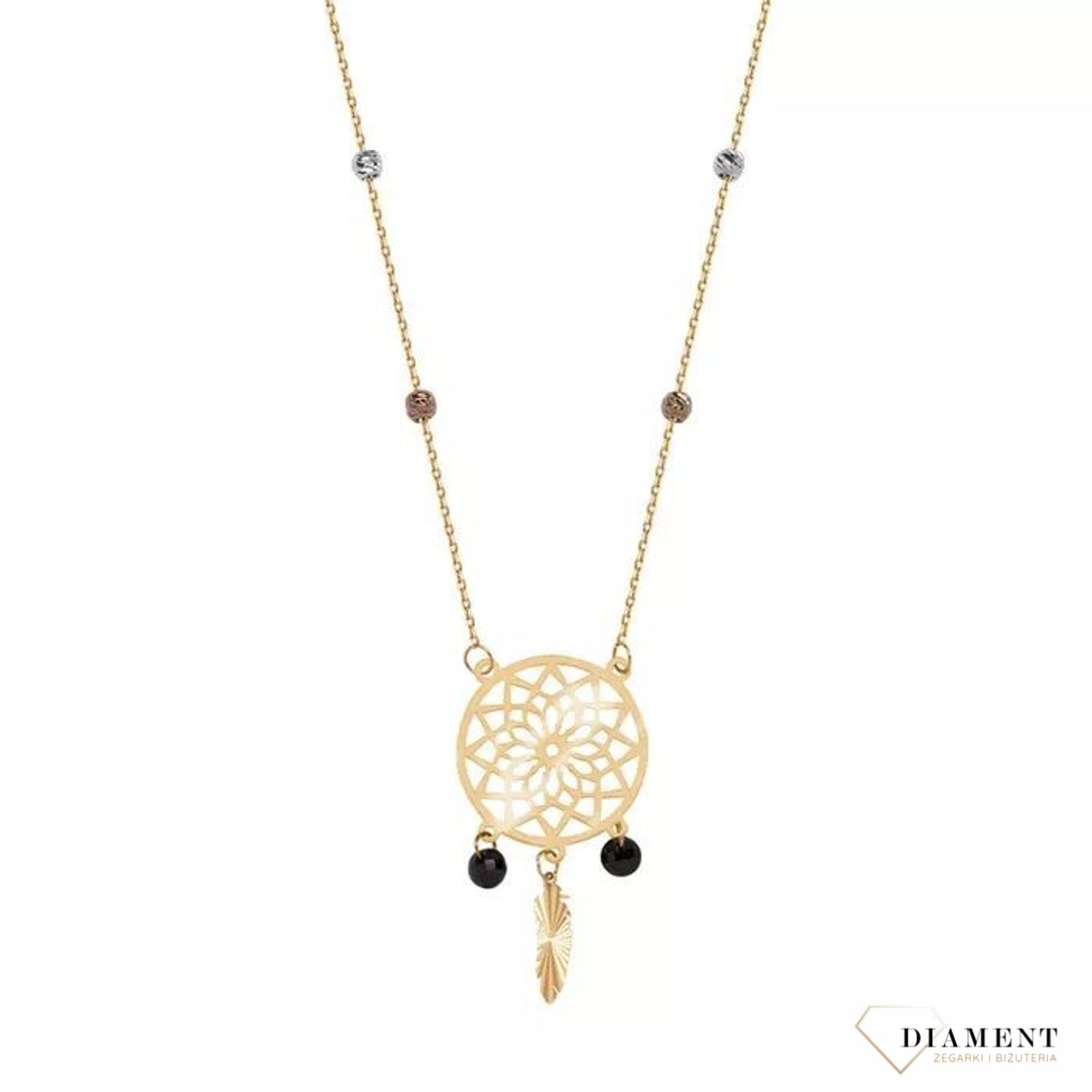 Piękny, złoty naszyjnik z amuletem w postaci łapacza snów to wyjątkowa biżuteria w stylu boho, która sprawdzi się jako prezent dla młodych kobiet..jpg