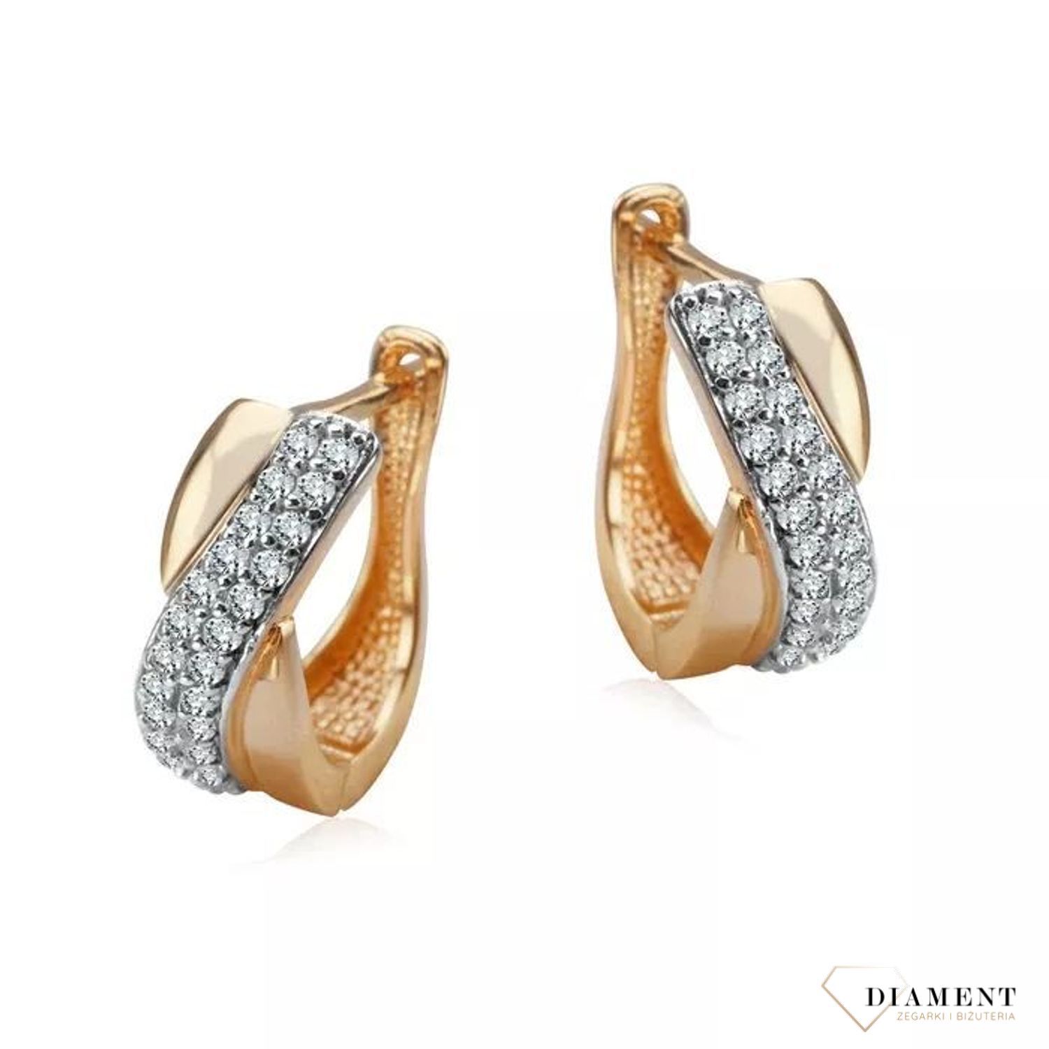 Eleganckie kolczyki skomponowane z 8-karatowego złota i białych, drobnych cyrkonii zachwycają oryginalnym wzornictwem i misternością wykonania..jpg