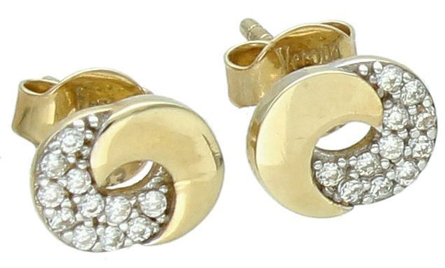 Kolczyki złote kółeczka na pół z cyrkoniami pr 333, ZW-X-X09-D00-FB11900 Eleganckie złote kolczyki kółeczka, ozdobione subtelnym rzędem cyrkonii na jednej połowie, to doskonały wybór dla kobiet1.jpg