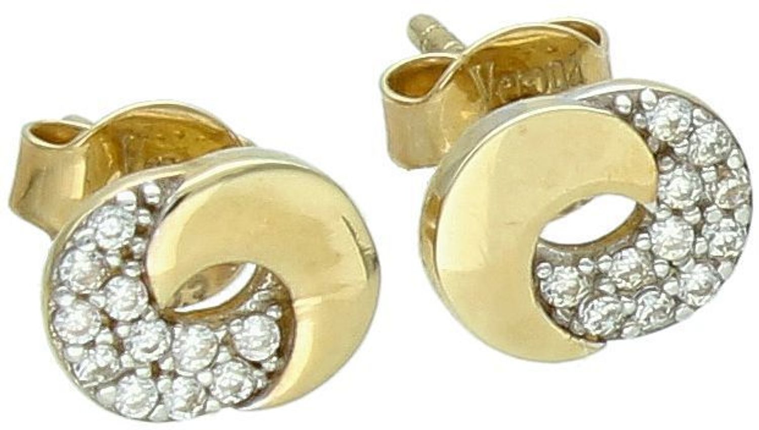 Kolczyki złote kółeczka na pół z cyrkoniami pr 333, ZW-X-X09-D00-FB11900 Eleganckie złote kolczyki kółeczka, ozdobione subtelnym rzędem cyrkonii na jednej połowie, to doskonały wybór dla kobiet1.jpg