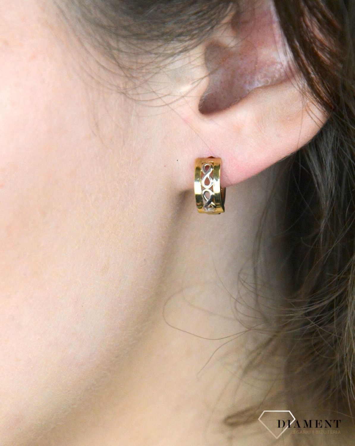 Złote kolczyki kółka ze znakiem nieskończoności próba 333, ZW-X-X09-D00-HA15321. Kolczyki koła ze znakiem nieskończoności w białym złocie. Złote kolczyki wykonane z wysokiej jakości żółtego 1.jpg