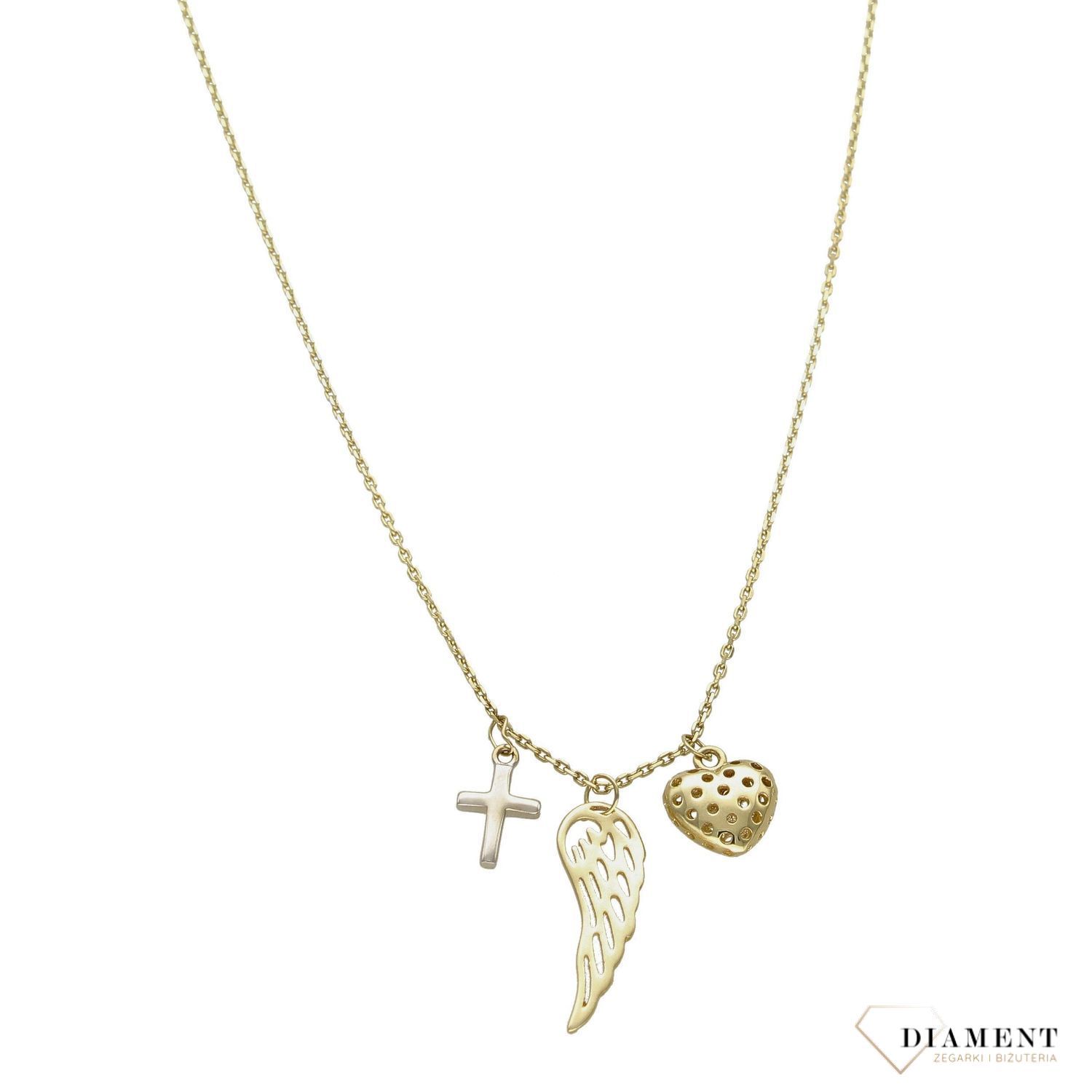 Złoty naszyjnik z zawieszkami serce skrzydło krzyżyk.jpg