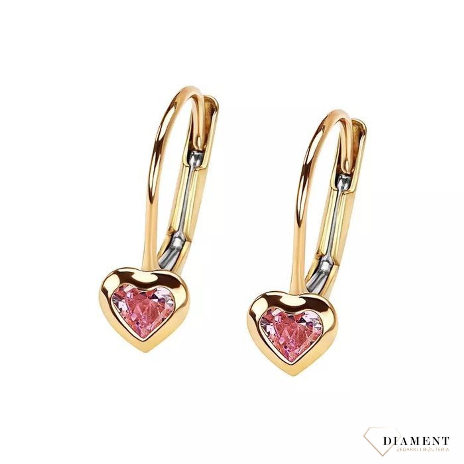 Przepiękne, złote kolczyki dziewczęce w formie serc z różowymi cyrkoniami, urzekają delikatną formą i blaskiem. Świetnie zaprezentują się w uszach małej damy..jpg