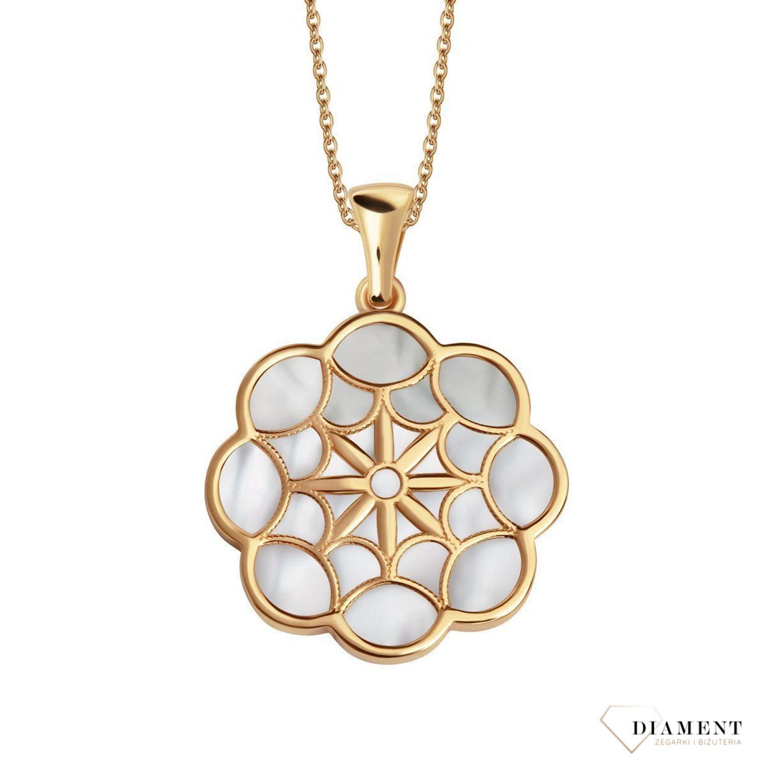 Piękna zawieszka z masą perłową w formie dużego kwiatu wykonana ze złota próby 333.  Zawieszka o ponadczasowym wzorze, będzie pasować na każdą okazję. Biżuteria idealna dla osoby, która lubi lekkość i subtelność w sw.jpg