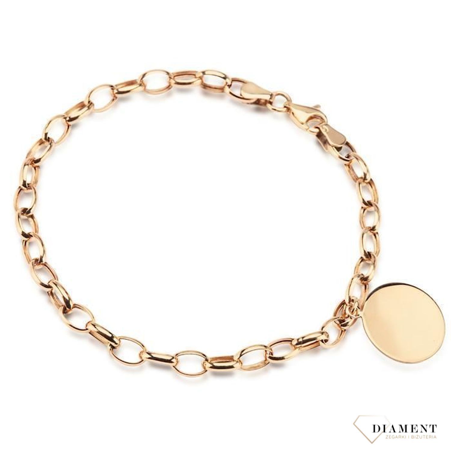Złota bransoletka z ogniwek, na które można zapinać ozdobne charmsy na karabińczykach. Dodatkowo z ozdobną blaszką w kształcie koła przy zapięciu..jpg