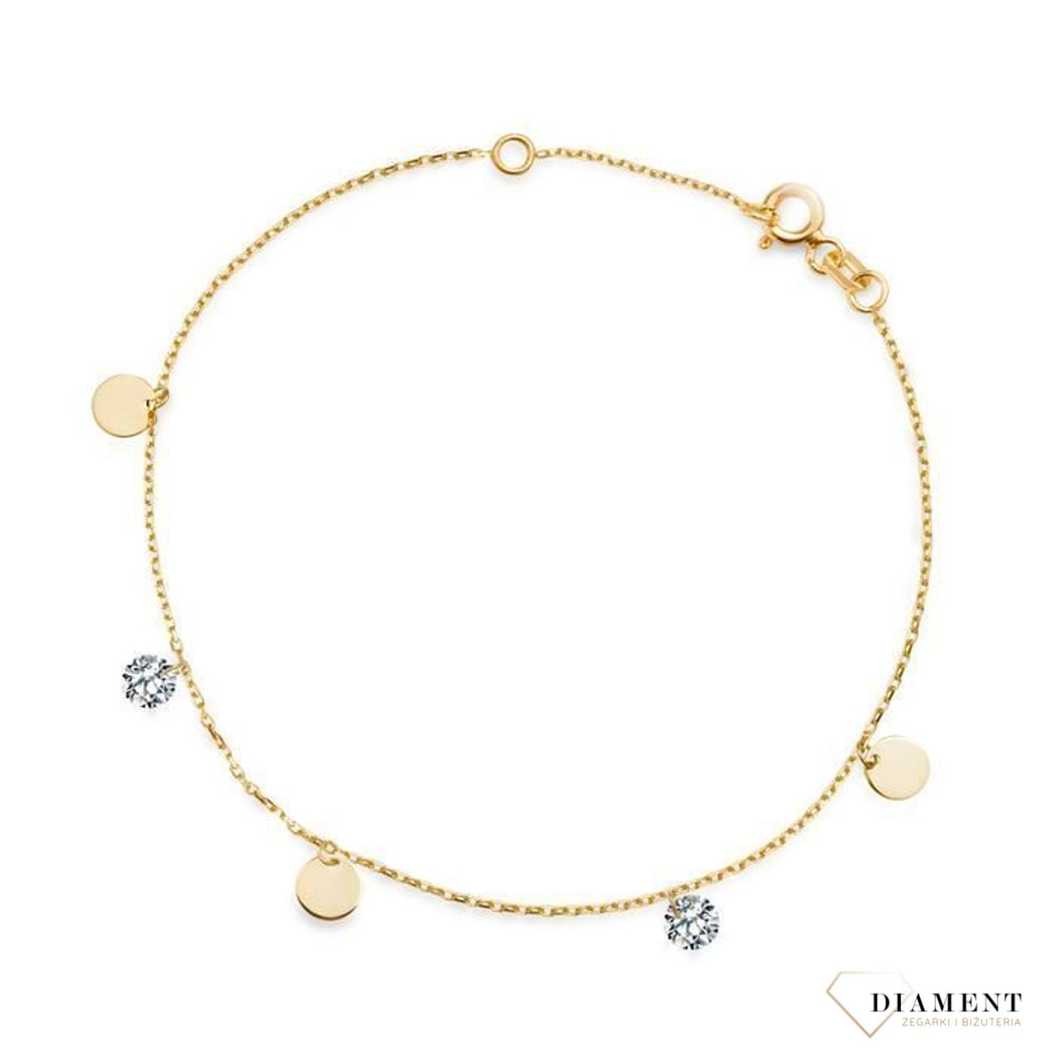 Zmysłowa bransoletka wykonana z 8-karatowego, żółtego złota ozdobiona została delikatnymi blaszkami i jasnymi cyrkoniami. Urzeka subtelnością i blaskiem..jpg