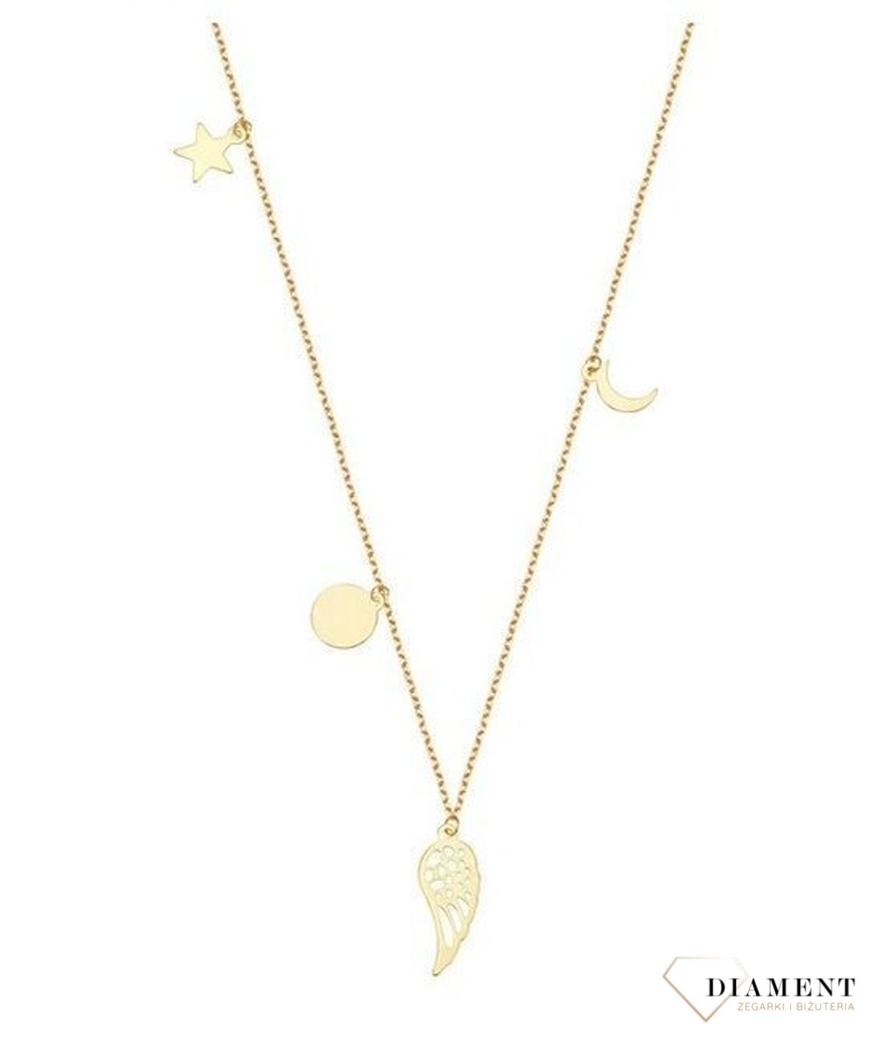 Złoty naszyjnik 333 z zawieszkami księżyc, skrzydełko, kółko i gwiazdka ZW-X-X09-N42-CA16969.jpg
