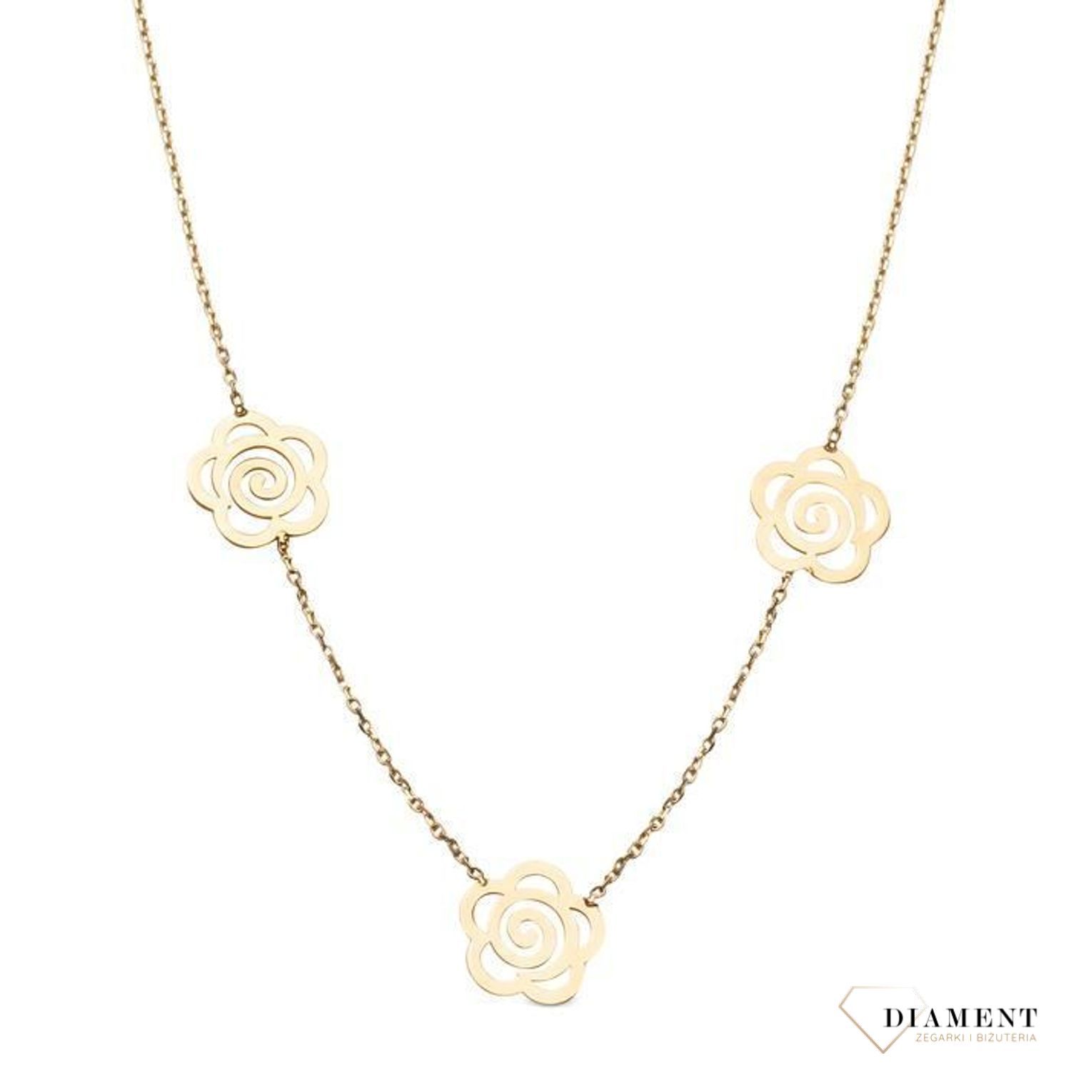Delikatna, złota celebrytka skomponowana z cienkiego łańcuszka i rozłożonych symetrycznie trzech ażurowych elementów ozdobnych w kształcie kwiatów..jpg