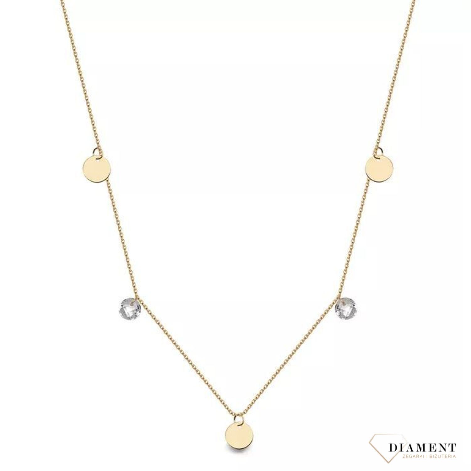 Złoty naszyjnik typu celebrytka skomponowany z ażurowego, delikatnego łańcuszka i elementów ozdobnych w formie okrągłych blaszek i jasnych cyrkonii..jpg