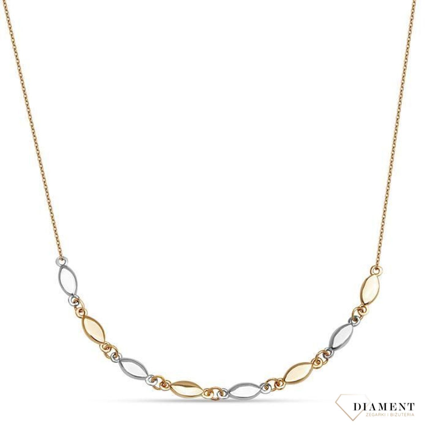 Gustowny naszyjnik, którego bazą jest minimalistyczny łańcuszek zwieńczony efektowną aplikacją z dwukolorowego złota. Ciekawa i subtelna propozycja..jpg