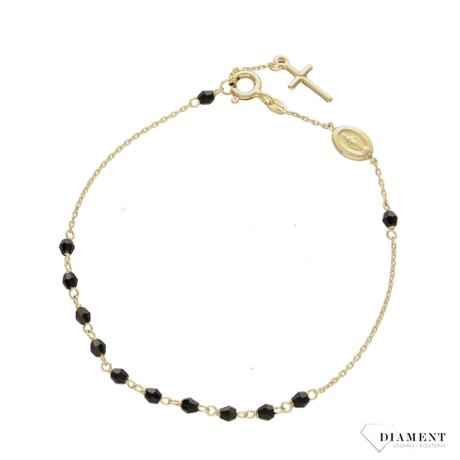 Złota bransoletka z fasetowanymi, koralikami w kolorze czarnym. Złota bransoletka różaniec. Zapięcie na karabińczyk. Złota bransoletka próba 585.  (1).jpg