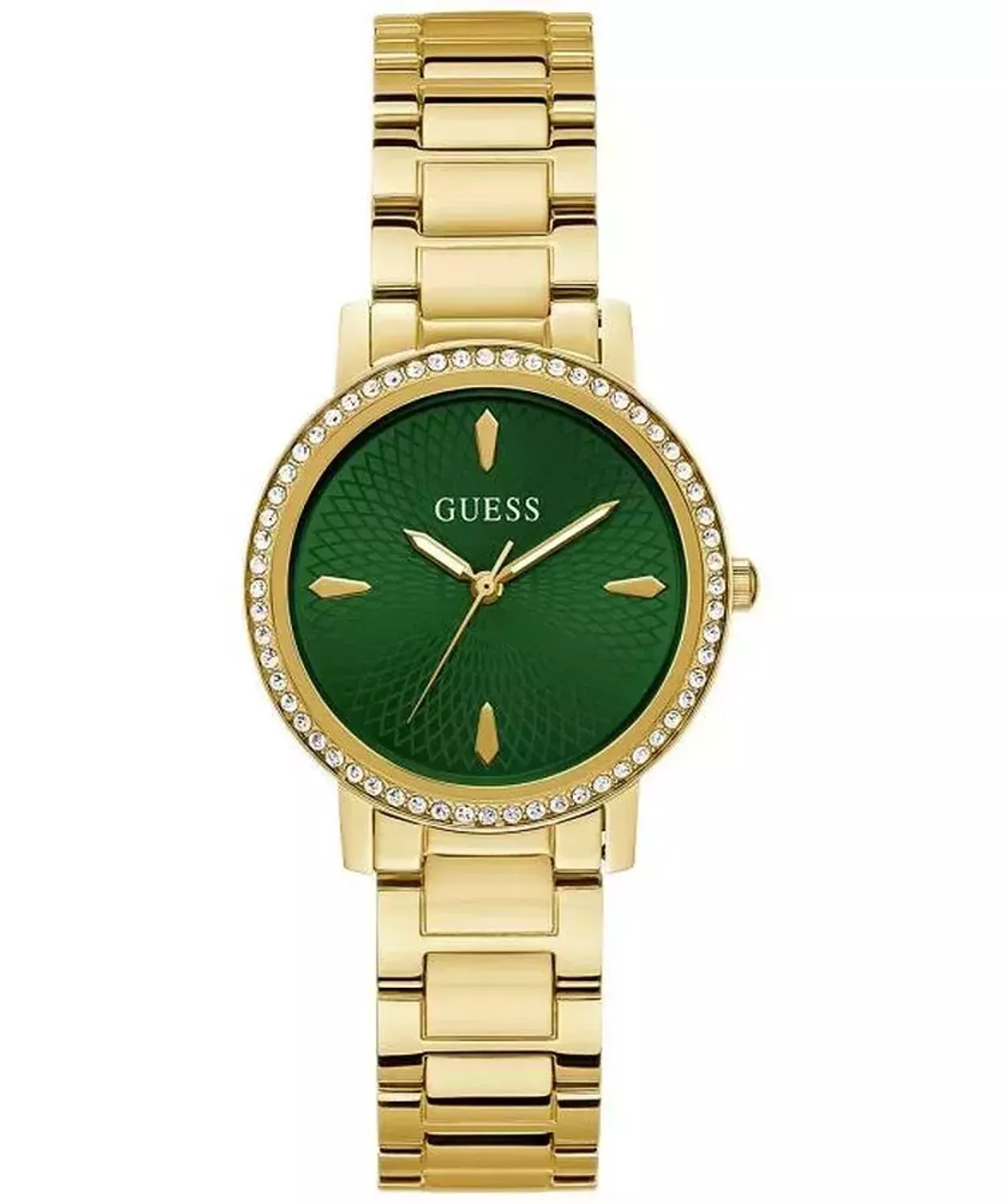 Zegarek damski Guess Spiral U1405L4M złoty z zieloną tarczą na bransolecie.webp