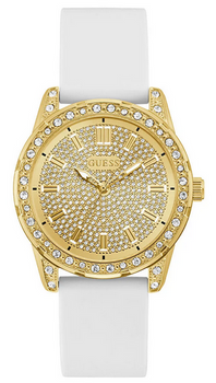Zegarek Guess dla kobiet – pozłacana koperta 40 mm, biała silikonowa opaska, błyszczące cyrkonie..png