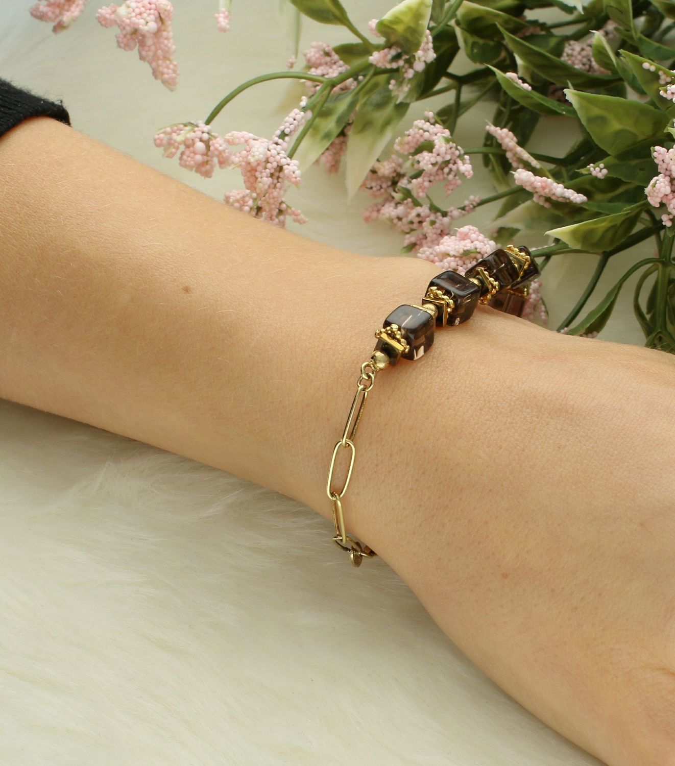 Bransoletka damska srebrna pokryta złotem z kwarcem dymnym bra-27483575 Bransoletka damska srebrna pokryta złotem z kwarcem dymnym. Bransoletka srebrna z kamieniem dla każdej kobiety. 2.jpg